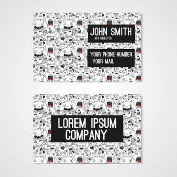 Business card template whit funny doodle monstes. Corporate identity.