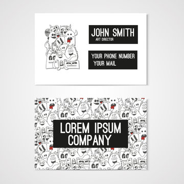 Business card template whit funny doodle monstes. Corporate identity.