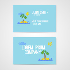 Business card template with hand drawn illustration of tropical island with palms and waves.