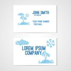 Fototapeta na wymiar Business card template with hand drawn illustration of tropical island with palms and waves.