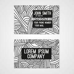 Business card template with hand drawn doodle pattern. Corporate identity.