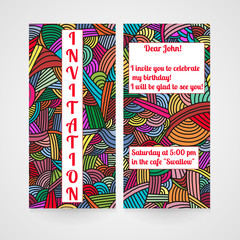 Card with hand drawn doodle pattern. Invitation for birthday.