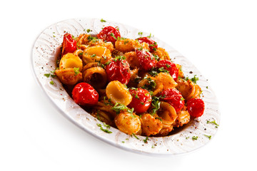 Orecchiette pasta, tomato sauce and vegetables
