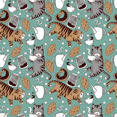 Cats with teapots cups and baking seamless vector background tex