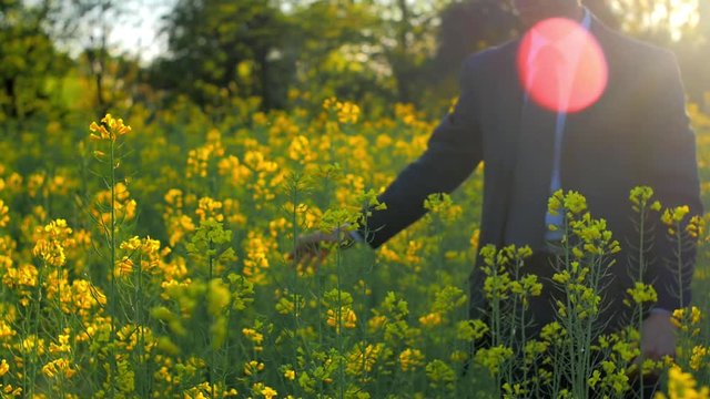 slow motion di businessman in prato fiorito al tramonto con flare 3