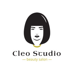 Vector minimalistic beauty studio logo in black and gold colors. Beautiful woman head logo. Spa salon logo template.