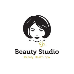 Vector minimalistic beauty studio logo in black and gold colors. Beautiful woman head logo. Spa salon logo template.
