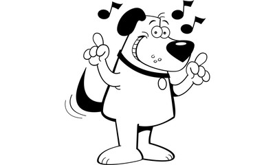 Black and white illustration of a dog singing.