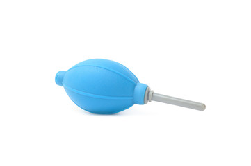 Blue blower for camera and lenses, Rubber air blower pump dust cleaner for camera on white background
