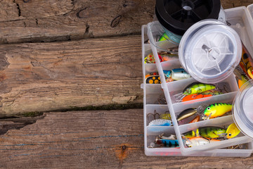 fishing tackles and fishing baits in box