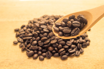 Coffee Bean and wooden spoon, Top view