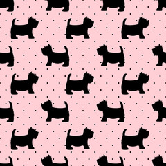 Scottish terrier seamless pattern. Cute dogs on pink polka dots background. Child drawing style puppy background. Design for fabric and decor. - 108153156
