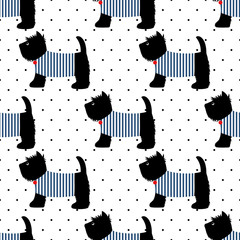 Scottish terrier in a sailor t-shirt seamless pattern. Cute dogs on white polka dots background. Child drawing style puppy background. French style dressed dog with red medal and striped frock. - 108153175