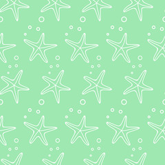 Fototapeta na wymiar Sea life summer background. Vector seamless pattern with starfish and bubbles. Cute sea life background. Baby shower vector marine life illustration.