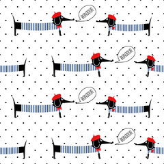 French style dogs saying bonjour seamless pattern on polka dots background. Cute cartoon parisian dachshund vector illustration. French style dressed dog with red beret and striped frock. © in_dies_magis