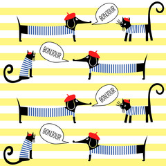 French style cats and dogs saying bonjour seamless pattern on striped background. Cute cartoon parisian animals vector illustration. French style dressed dog and cat with red beret and striped frock.