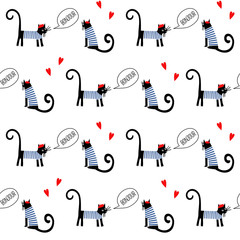 French style cats saying bonjour seamless pattern. Cute cartoon parisian kitty vector illustration. French style dressed cat with red beret and striped frock. © in_dies_magis