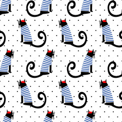 French style cat seamless pattern on polka dots background. Cute cartoon sitting cat vector illustration. Child drawing style kitty background. French style dressed cat with beret and striped frock.