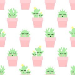 Seamless pattern of cacti in pink pots on white background. Simple cartoon vector illustration. Child drawing style cactus background.