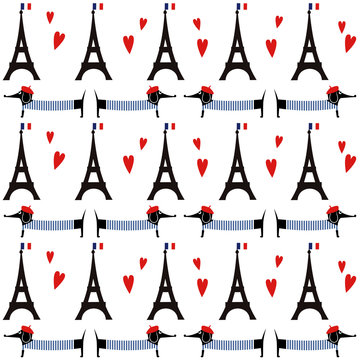French style dogs with tour Eiffel seamless pattern. Cute cartoon parisian dachshund with Paris symbol illustration. French style dressed dog with red beret and striped frock. Romantic walk in Paris.