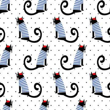 French style cat seamless pattern on polka dots background. Cute cartoon sitting cat vector illustration. Child drawing style kitty background. French style dressed cat with beret and striped frock.