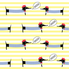 French style dogs saying bonjour seamless pattern on striped background. Cute cartoon parisian dachshund vector illustration. French style dressed dog with red beret and striped frock. © in_dies_magis
