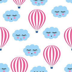 Pink hot air balloons with smiling sleeping clouds seamless pattern. Cute baby shower vector background. Child drawing style sky.