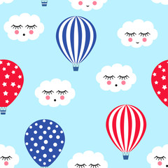 Hot air balloons with cute clouds seamless pattern. Bright colors hot air balloons design. Baby shower vector illustrations on blue sky background. Polka dots and stripes. Child drawing style.