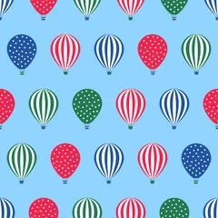 Foto op Aluminium Hot air balloon seamless pattern. Baby shower vector illustration on blue sky background. Polka dots and stripes. Colorful hot air balloons design. © in_dies_magis