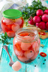 Pickled radish and chili peppers in a rustic style, selective fo