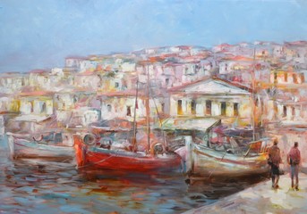 Fototapeta na wymiar Boats on the island harbor,handmade painting