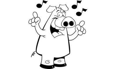 Black and white illustration of a pig singing.