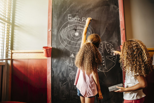 Two girls drawing on chalkboard