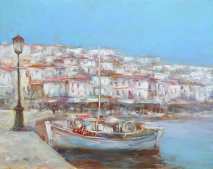 Fototapeta na wymiar Boats on the island harbor,handmade painting