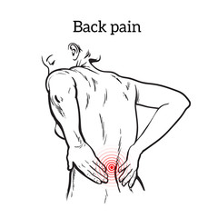 Lumbar pain in a woman back pain in a human vector outline sketch, black and white illustration with the concept of the disease back, violation of waist, lumbar vertebrae and intervertebral discs