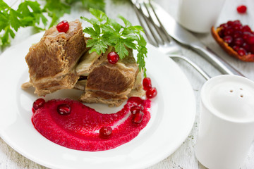 Beef with light dietary beet pomegranate sauce