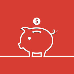 Money piggy bank in line on red background. 