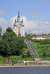 KHABAROVSK, RUSSIA - AUGUST 16, 2013: The Dormition Cathedral of Khabarovsk near  the Amur River embankment