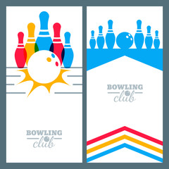 Set of bowling banner backgrounds, poster, flyer or label design elements. Abstract vector illustration of bowling game. Colorful bowling ball, bowling pins. - 108162785