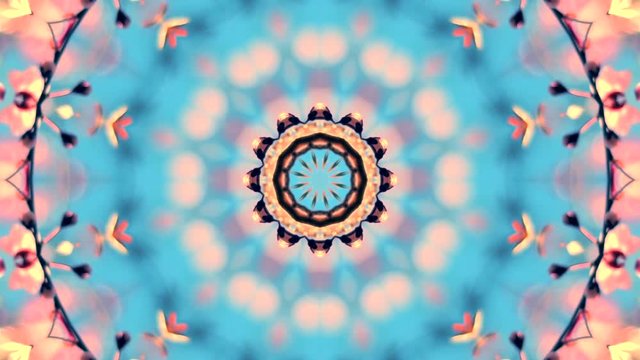 Wonderful spring floral kaleidoscopic pattern with cherry flowers and leaves closeup on blue sky background. Meditative and hypnotic fractal animation from nature. Full HD footage 1920x1080
