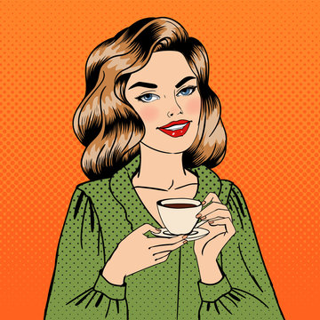 Beautiful Woman with Cup of Coffee. Pin Up Girl. Pop Art. 