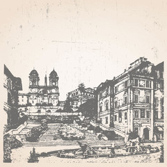 Hand-drawn illustration of Rome. Spanish Steps. Italy. Vector