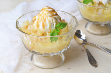 Pear Dessert with Ice-Cream and Caramel Sauce