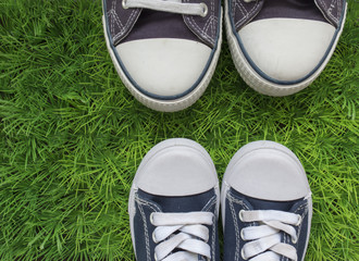 Summer background with grass, sneakers. About fun and youth