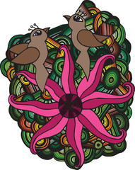 Two birds with exotic flower