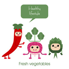 Cartoon Cute smiling vegetables - radish, artichoke, hot peppers.