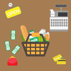 Супермаркет, продуктовый магазин, покупки продуктов, касса, продуктовая корзина 