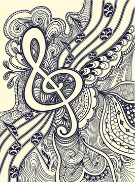 Treble clef  notes  musical stanza with Zen-tangle ornament  black on white 