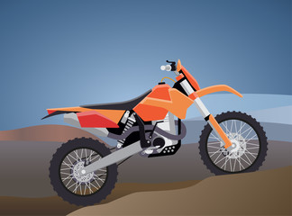 vector illustration of a flat sports enduro bike for extreme trips through the mountains. tech design. against the backdrop of mountain scenery
