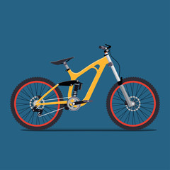 Obraz premium vector illustration flat for extreme sports bike trips in the mountains. tech design on a blue background.